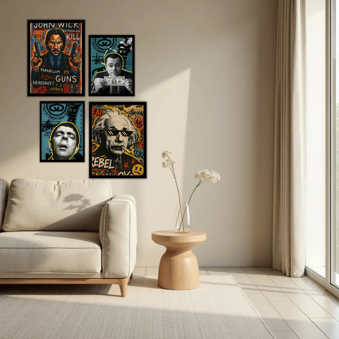 Pop Art Graffiti Icons Wall Frame Set – Set of 4 (2 Large 13×17" + 2 Medium 9×11") | John Wick Einstein DiCaprio Scarface Street Art Prints | Beige, Black & White Frame
