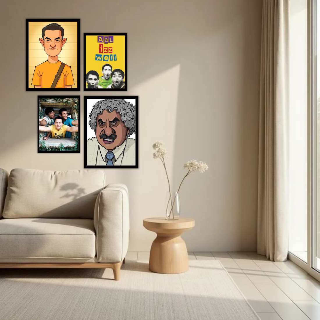 3 Idiots Bollywood Wall Frame Set – Set of 4 (2 Large 13×17" + 2 Medium 9×11") | Aal Izz Well Fan Art Prints for Bedroom, Living Room & Cafe | Beige, Black & White Frame
