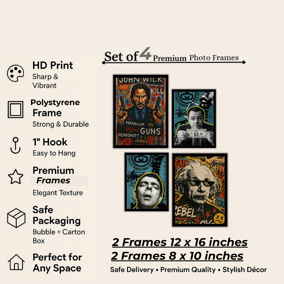 Pop Art Graffiti Icons Wall Frame Set – Set of 4 (2 Large 13×17" + 2 Medium 9×11") | John Wick Einstein DiCaprio Scarface Street Art Prints | Beige, Black & White Frame