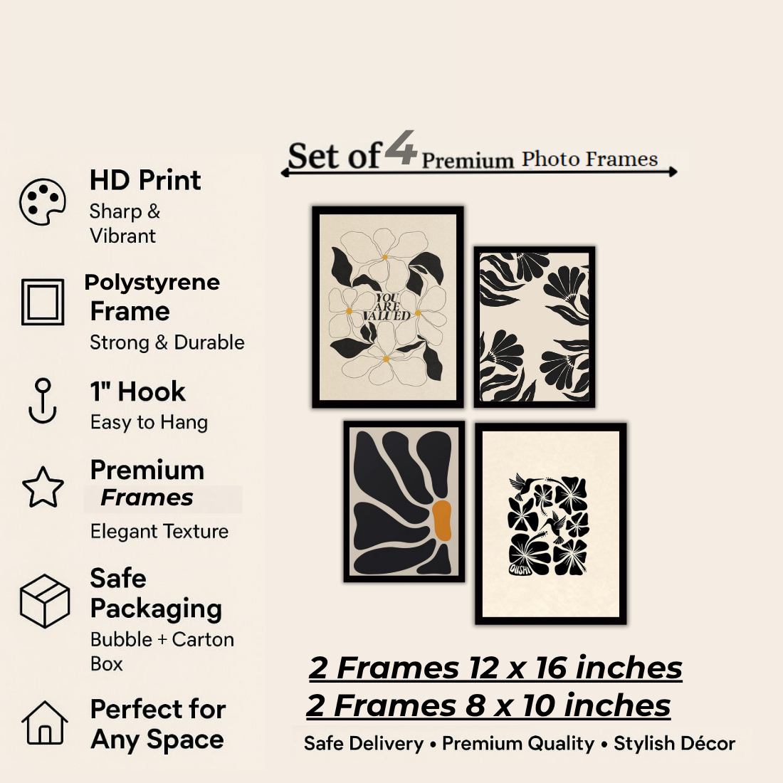 Matisse Black Cream Botanical Wall Frame Set – Set of 4 (2 Large 13×17" + 2 Medium 9×11") | You Are Valued Abstract Floral Art Prints | Beige, Black & White Frame