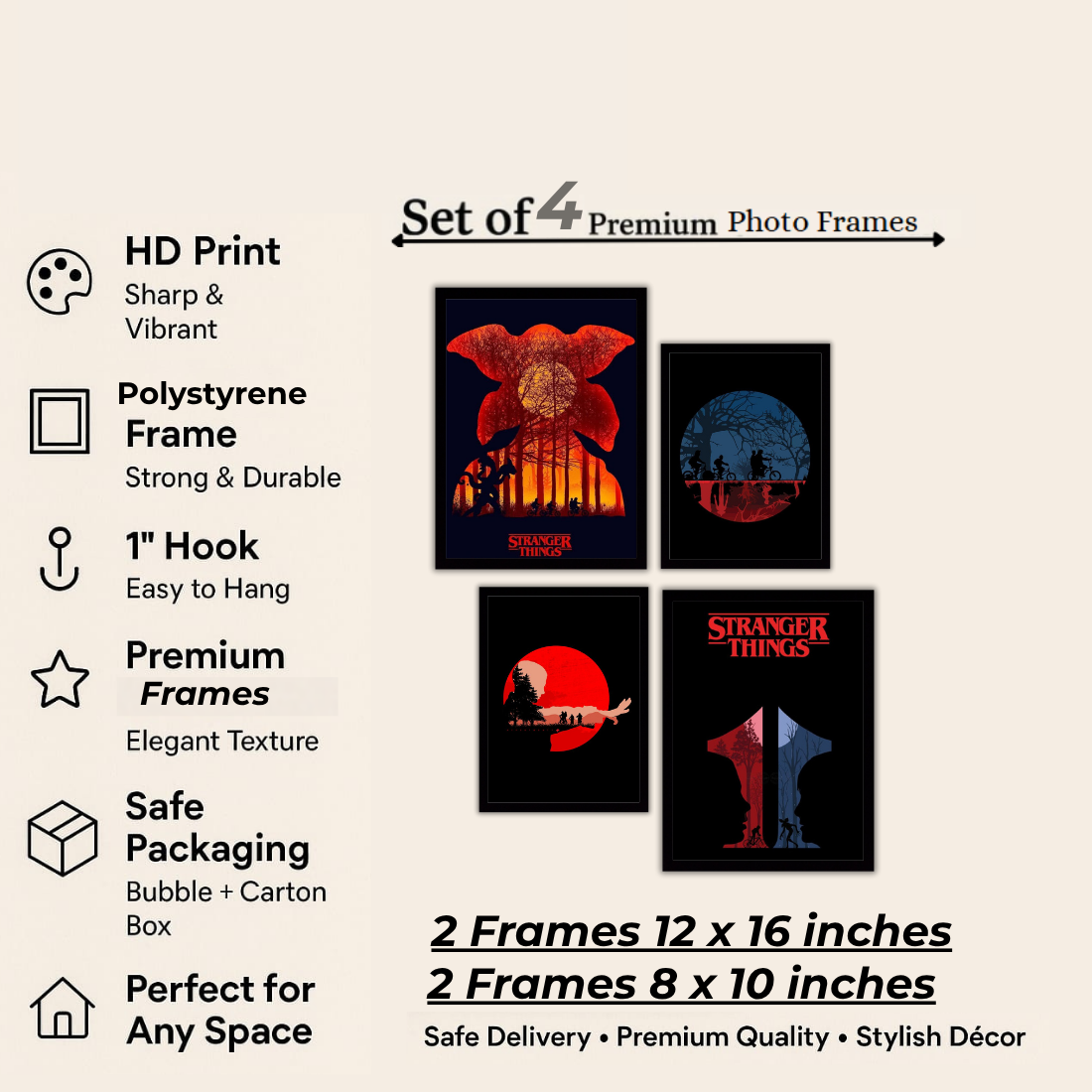 Stranger Things Poster Wall Frame Set – Set of 4 (2 Large 13×17" + 2 Medium 9×11") | Demogorgon Red Moon Hawkins Bike Fan Art Prints | Beige, Black & White Frame