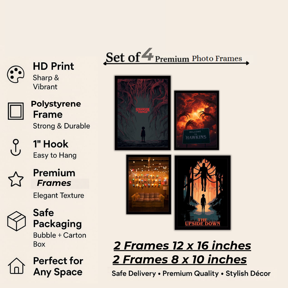 Stranger Things Wall Frame Set – Set of 4 (2 Large 13×17" + 2 Medium 9×11") | Upside Down Hawkins Mind Flayer Fan Art Prints | Beige, Black & White Frame