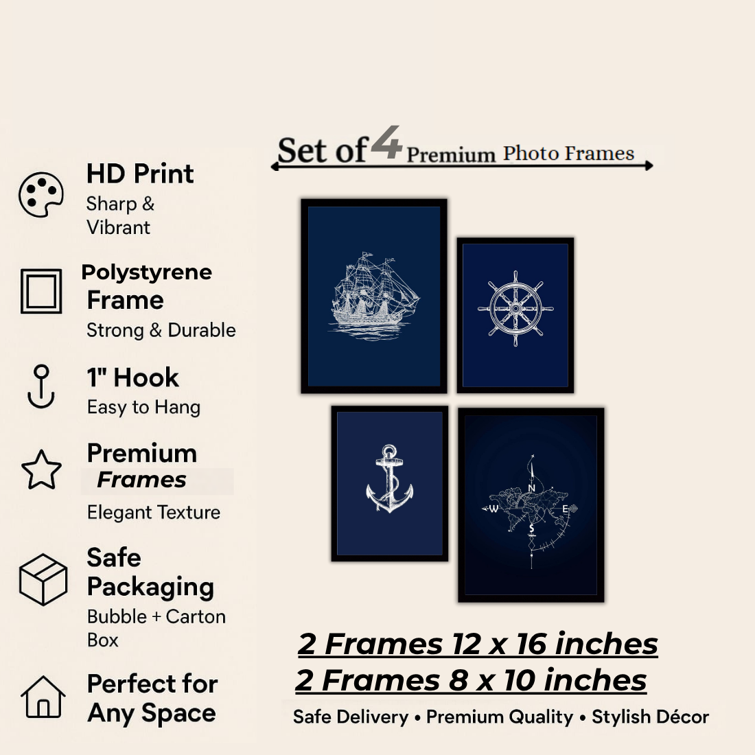 Nautical Navy Line Art Wall Frame Set – Set of 4 (2 Large 13×17" + 2 Medium 9×11") | Sailing Ship Anchor Compass Ship Wheel Art Prints | Beige, Black & White Frame