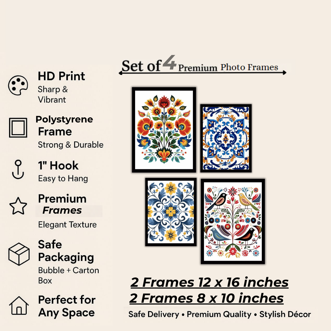 Folk Art Floral Tile Wall Frame Set – Set of 4 (2 Large 13×17" + 2 Medium 9×11") | Colourful Ethnic Botanical Prints | Beige, Black & White Frame