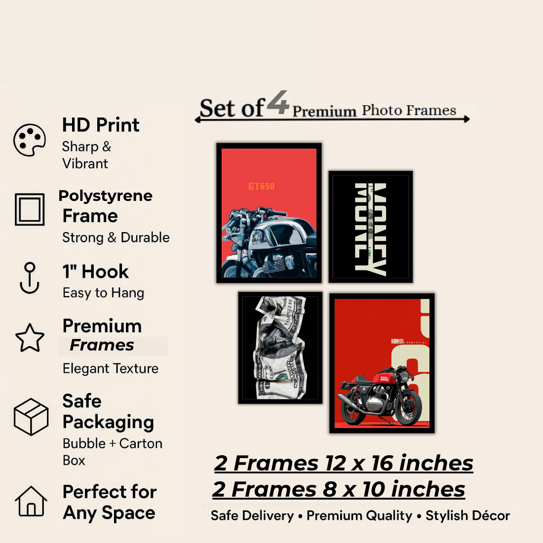 Royal Enfield Hustle Money Wall Frame Set – Set of 4 (2 Large 13×17" + 2 Medium 9×11") | Bike Lover Money Grind Poster Art Prints | Beige, Black & White Frame