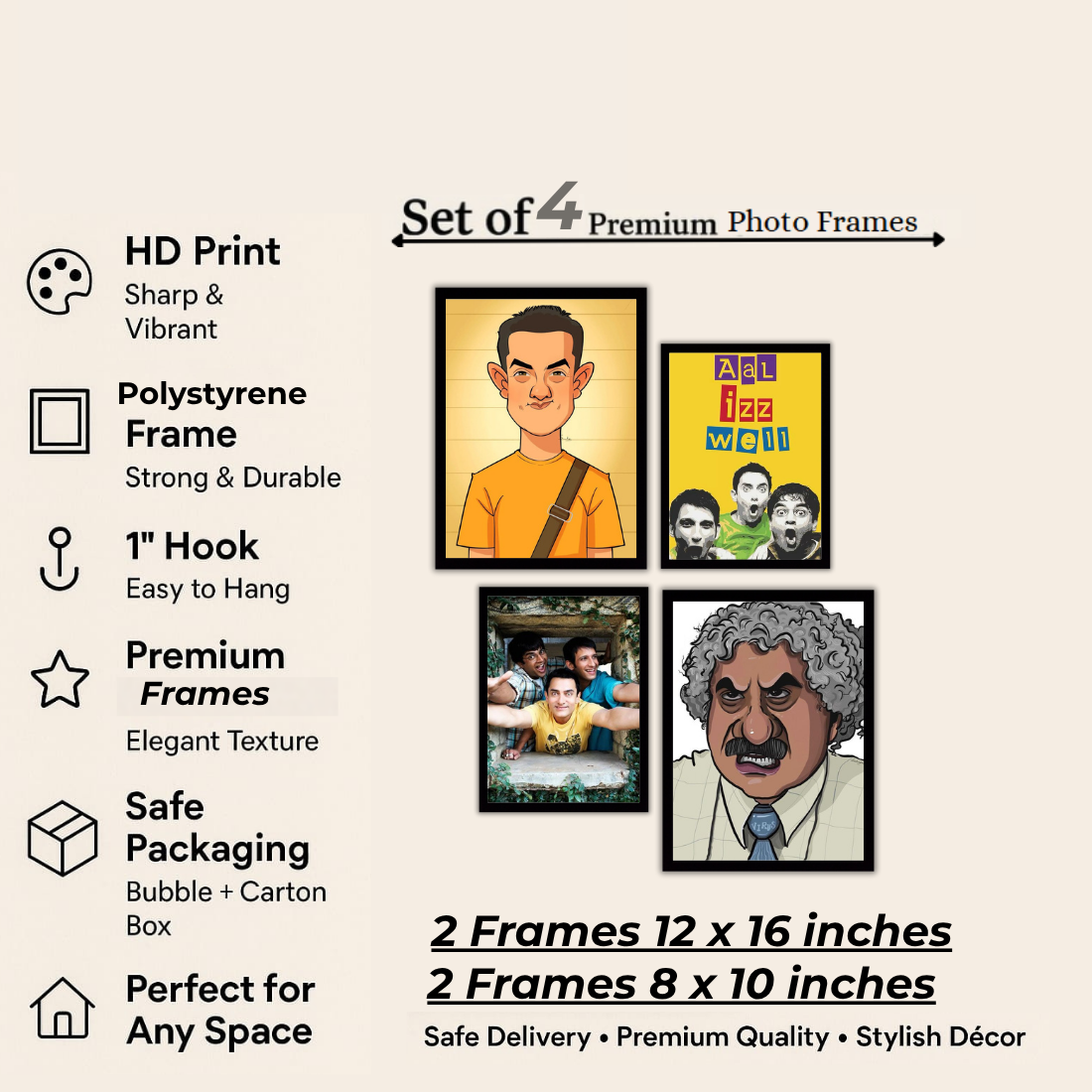3 Idiots Bollywood Wall Frame Set – Set of 4 (2 Large 13×17" + 2 Medium 9×11") | Aal Izz Well Fan Art Prints for Bedroom, Living Room & Cafe | Beige, Black & White Frame