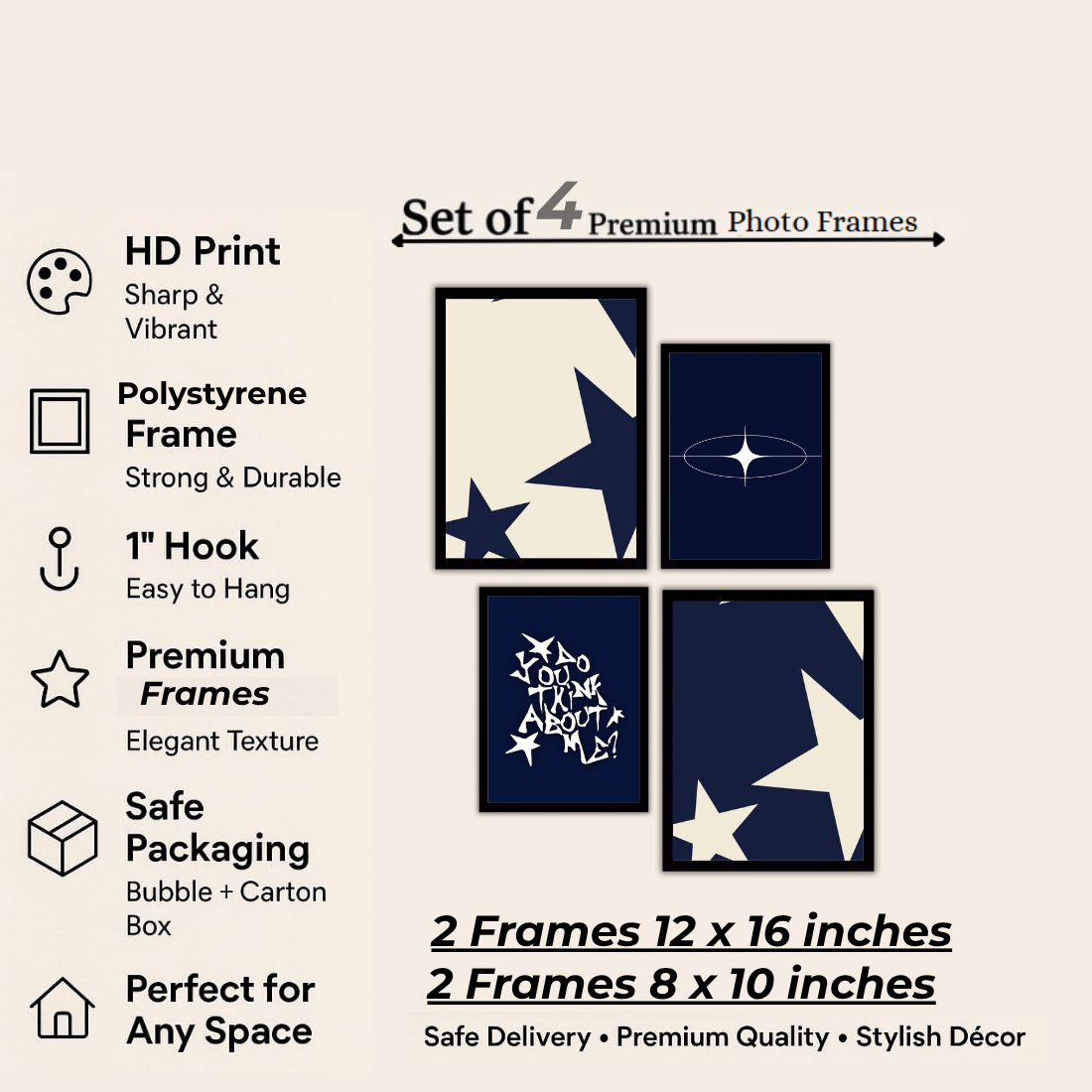 Navy Blue Y2K Star Aesthetic Wall Frame Set – Set of 4 (2 Large 13×17" + 2 Medium 9×11") | Do You Think About Me Coquette Star Art Prints | Beige, Black & White Frame