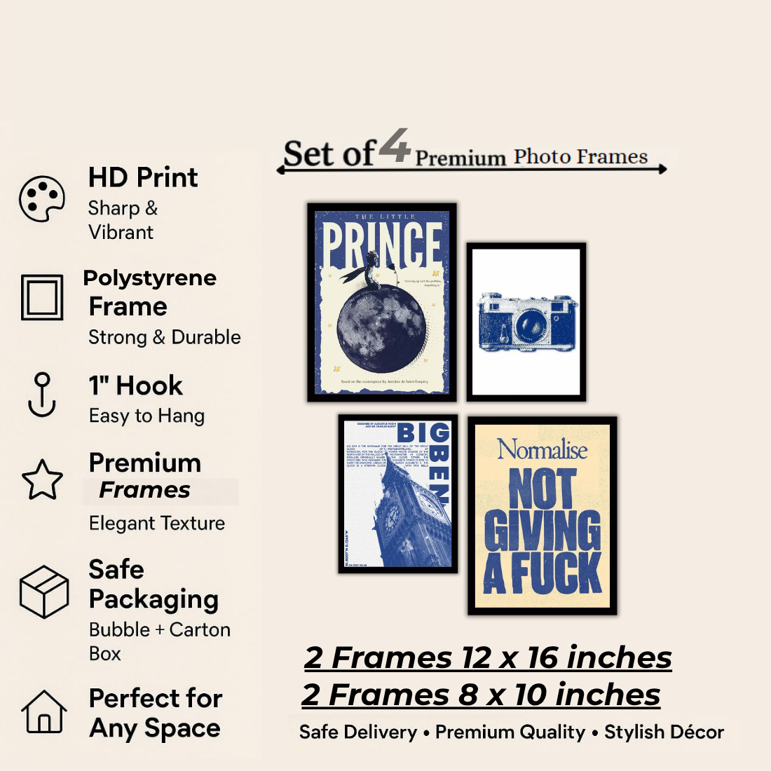 Blue Cream Eclectic Gallery Wall Frame Set – Set of 4 (2 Large 13×17" + 2 Medium 9×11") | Little Prince Big Ben Camera NGAF Art Prints | Beige, Black & White Frame