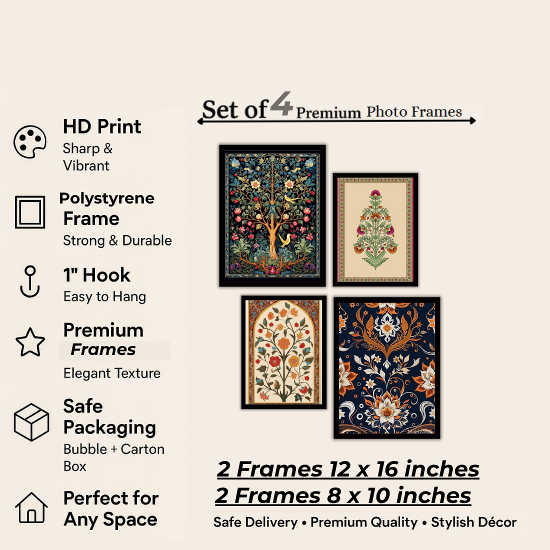 Mughal Wall Frame Set – Set of 4 (2 Large 13×17" + 2 Medium 9×11") | Royal Indian Botanical Art Prints | Beige, Black & White Frame
