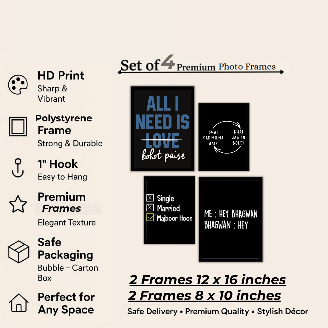 Desi Meme Humour Wall Frame Set – Set of 4 (2 Large 13×17" + 2 Medium 9×11") | Funny Hindi Quotes Bohot Paise Bhai Majboor Hoon Art Prints | Beige, Black & White Frame