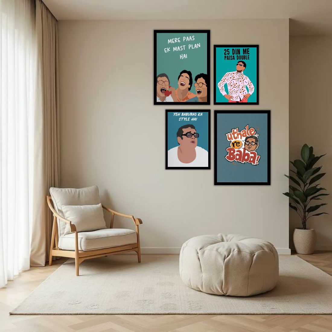Hera Pheri Bollywood Wall Frame Set – Set of 4 (2 Large 13×17" + 2 Medium 9×11") | Baburao & Raju Meme Fan Art Prints for Bedroom, Living Room & Cafe | Beige, Black & White Frame