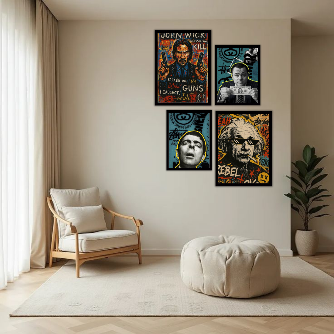 Pop Art Graffiti Icons Wall Frame Set – Set of 4 (2 Large 13×17" + 2 Medium 9×11") | John Wick Einstein DiCaprio Scarface Street Art Prints | Beige, Black & White Frame