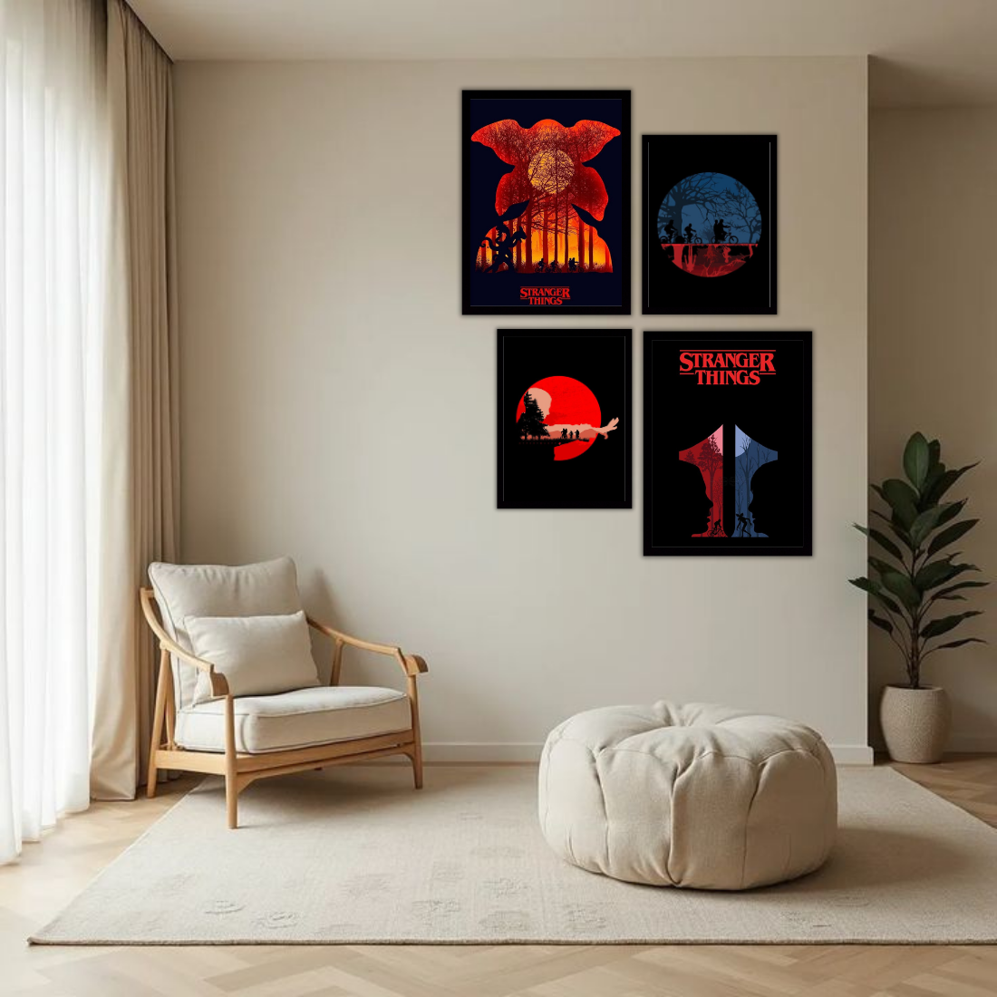 Stranger Things Poster Wall Frame Set – Set of 4 (2 Large 13×17" + 2 Medium 9×11") | Demogorgon Red Moon Hawkins Bike Fan Art Prints | Beige, Black & White Frame