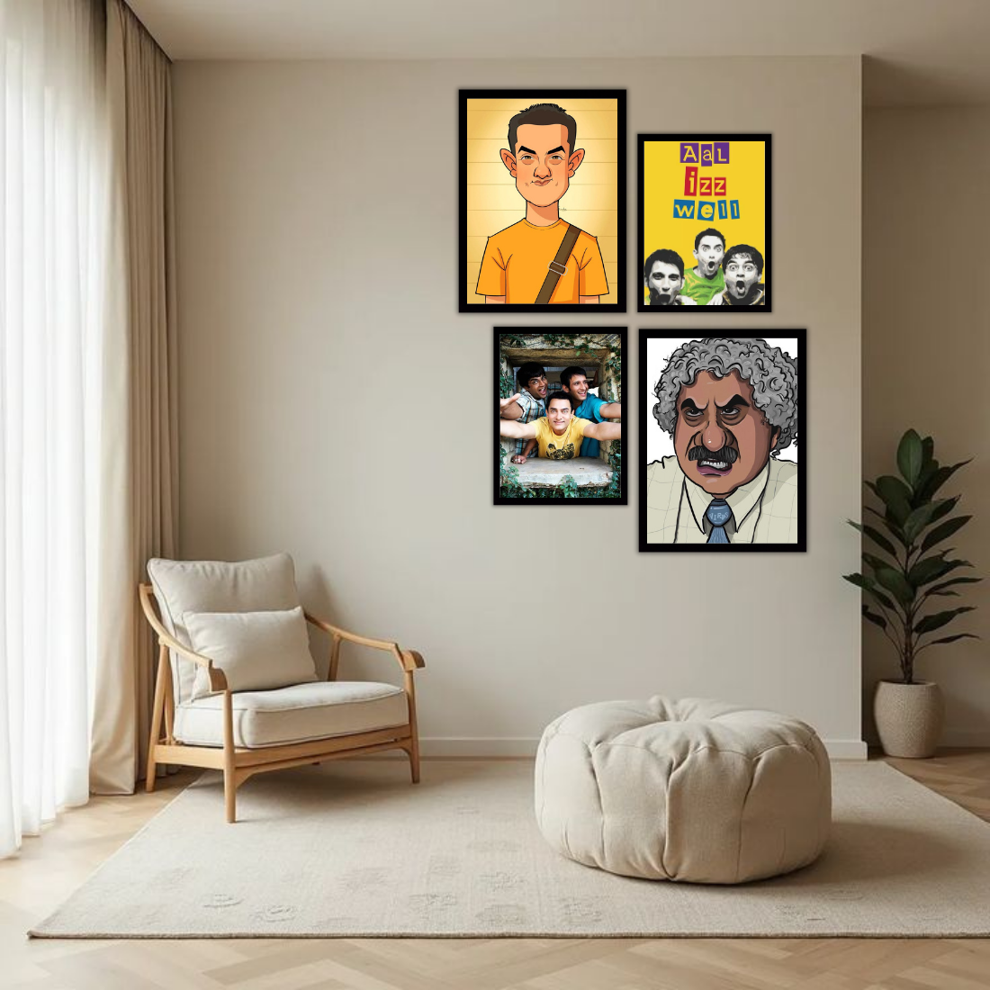 3 Idiots Bollywood Wall Frame Set – Set of 4 (2 Large 13×17" + 2 Medium 9×11") | Aal Izz Well Fan Art Prints for Bedroom, Living Room & Cafe | Beige, Black & White Frame
