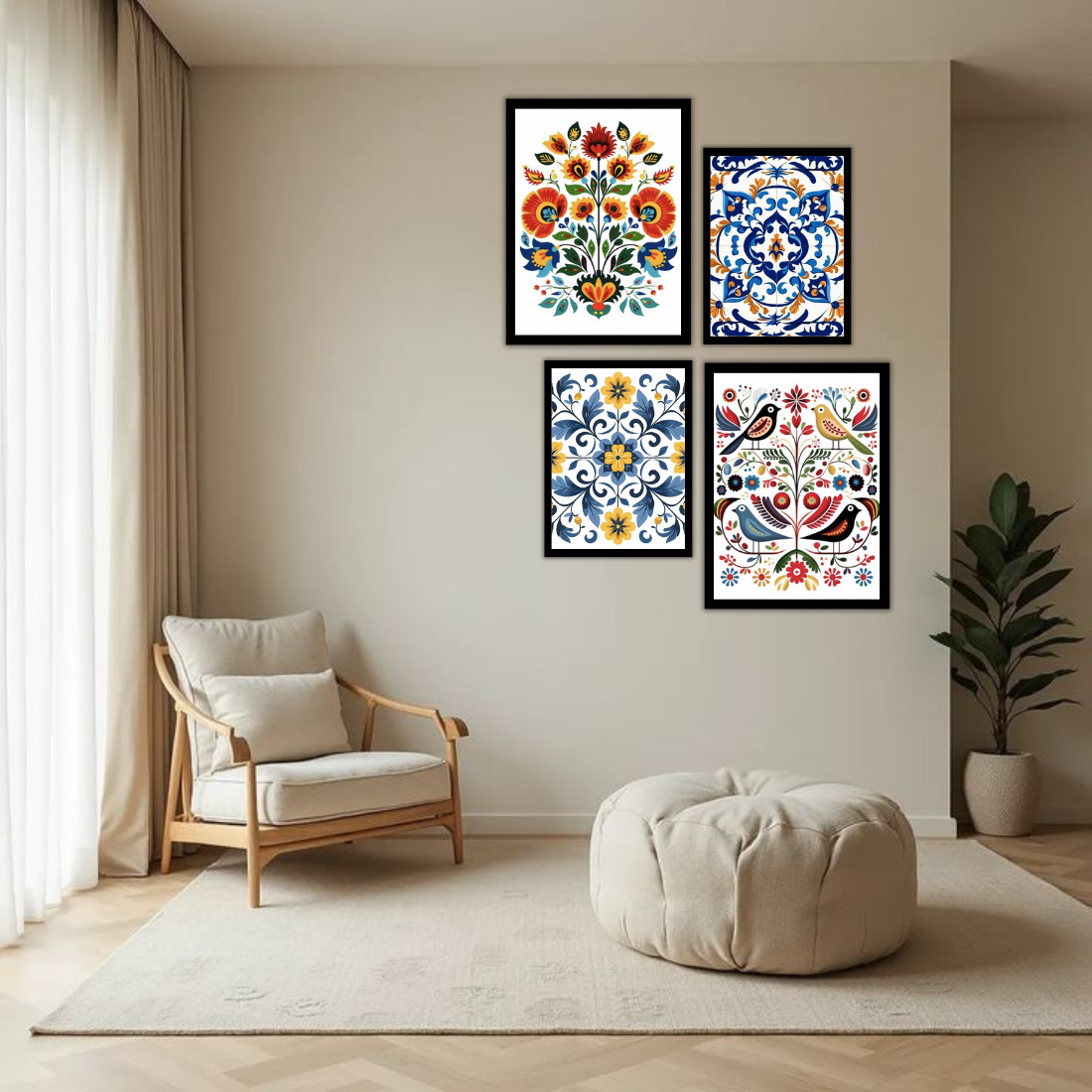 Folk Art Floral Tile Wall Frame Set – Set of 4 (2 Large 13×17" + 2 Medium 9×11") | Colourful Ethnic Botanical Prints | Beige, Black & White Frame