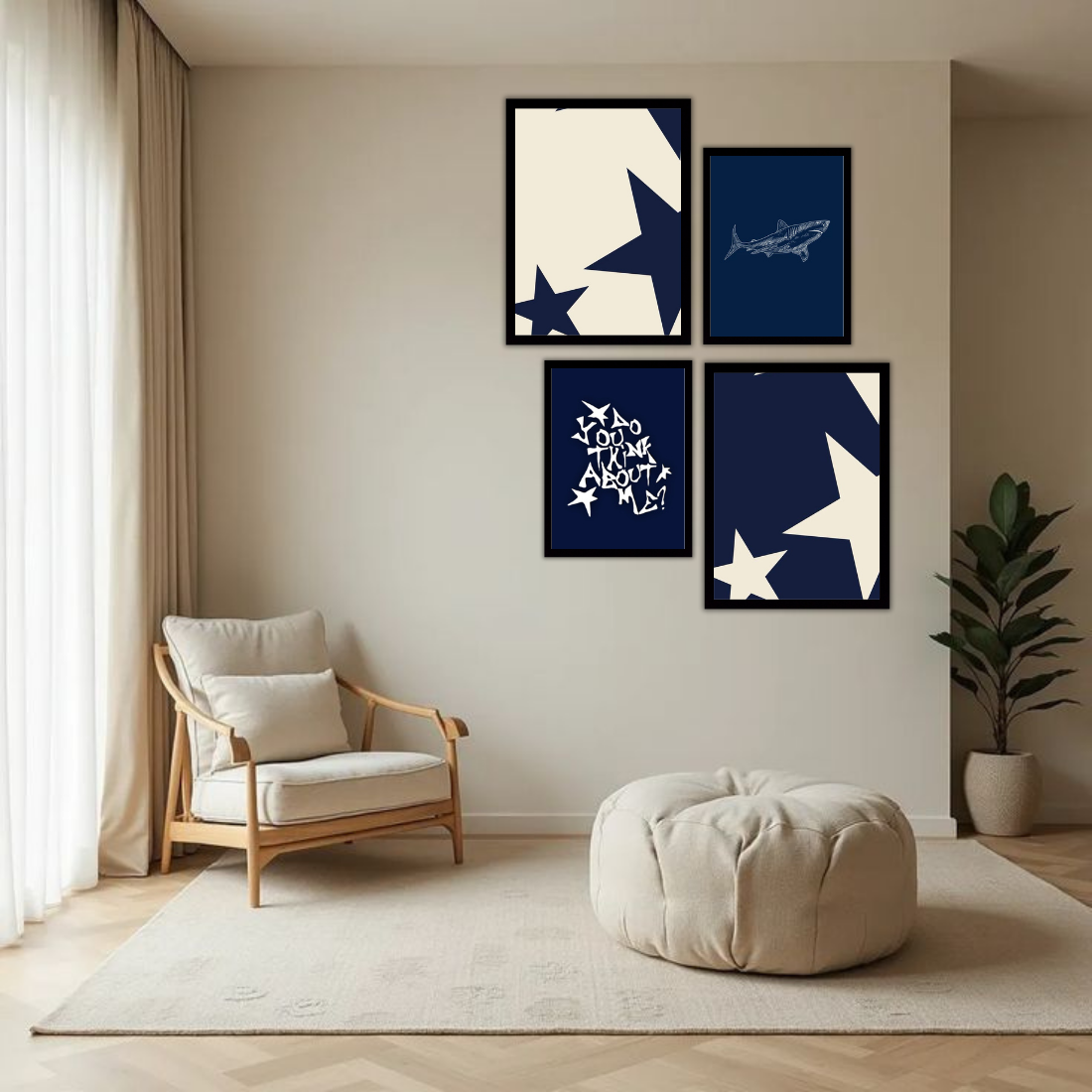 Navy Blue Y2K Star Aesthetic Wall Frame Set – Set of 4 (2 Large 13×17" + 2 Medium 9×11") | Do You Think About Me Coquette Star Art Prints | Beige, Black & White Frame