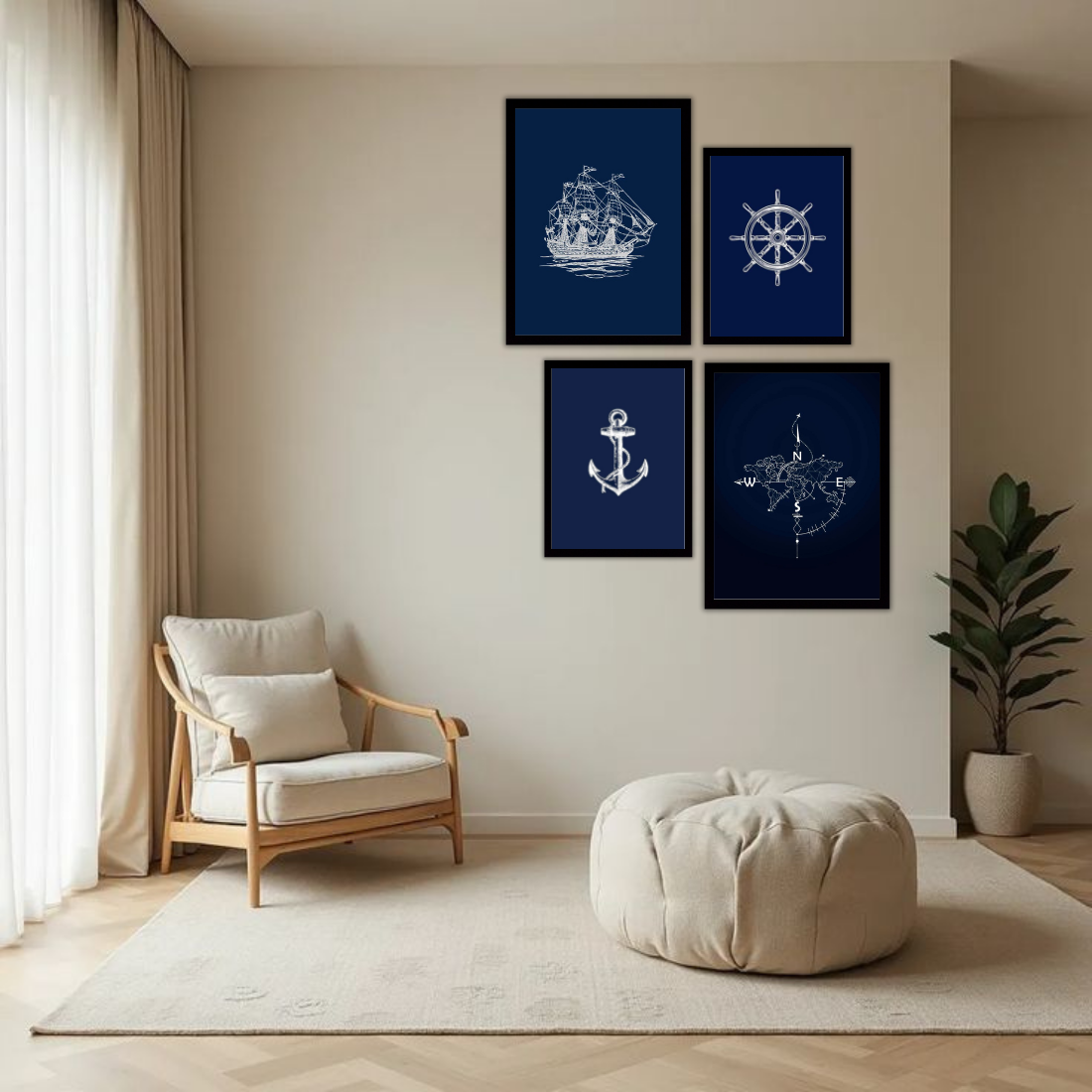 Nautical Navy Line Art Wall Frame Set – Set of 4 (2 Large 13×17" + 2 Medium 9×11") | Sailing Ship Anchor Compass Ship Wheel Art Prints | Beige, Black & White Frame