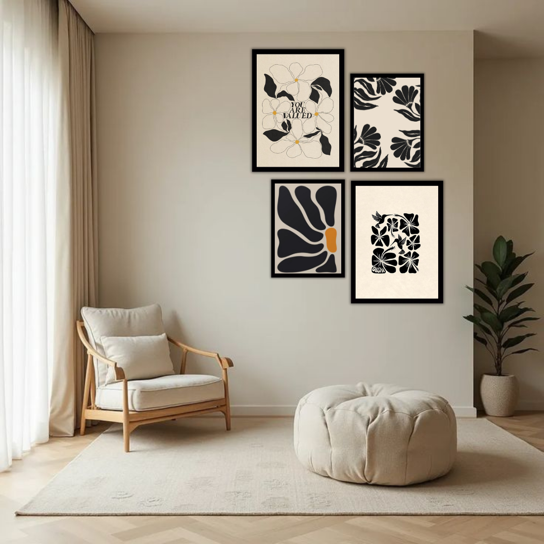 Matisse Black Cream Botanical Wall Frame Set – Set of 4 (2 Large 13×17" + 2 Medium 9×11") | You Are Valued Abstract Floral Art Prints | Beige, Black & White Frame