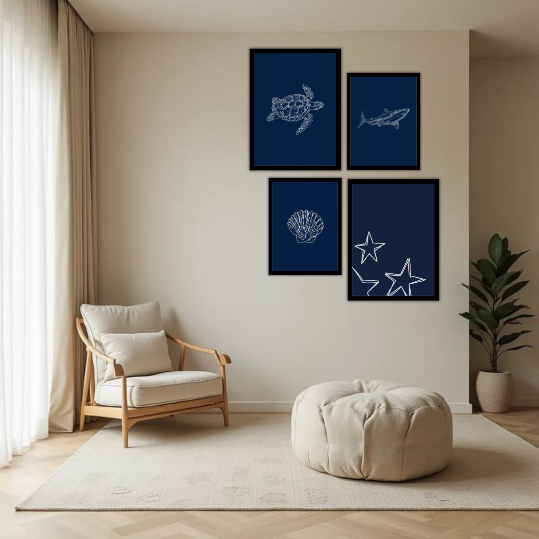 Navy Blue Ocean Line Art Wall Frame Set – Set of 4 (2 Large 13×17" + 2 Medium 9×11") | Turtle Shark Seashell Starfish Coastal Art Prints | Beige, Black & White Frame