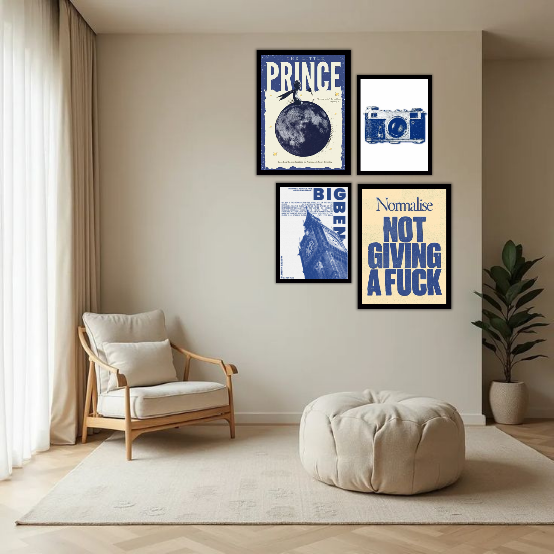 Blue Cream Eclectic Gallery Wall Frame Set – Set of 4 (2 Large 13×17" + 2 Medium 9×11") | Little Prince Big Ben Camera NGAF Art Prints | Beige, Black & White Frame