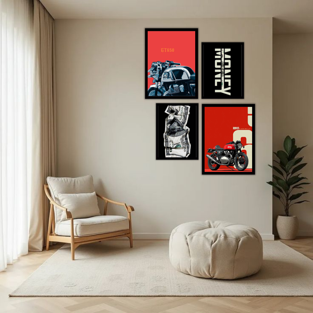 Royal Enfield Hustle Money Wall Frame Set – Set of 4 (2 Large 13×17" + 2 Medium 9×11") | Bike Lover Money Grind Poster Art Prints | Beige, Black & White Frame