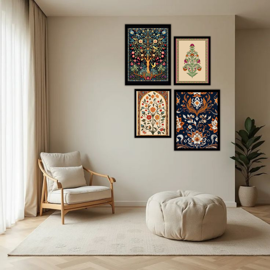 Mughal Wall Frame Set – Set of 4 (2 Large 13×17" + 2 Medium 9×11") | Royal Indian Botanical Art Prints | Beige, Black & White Frame