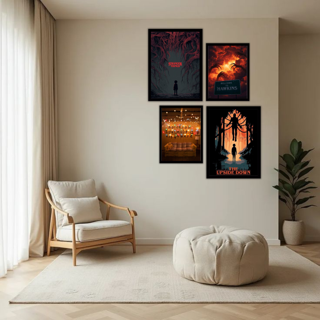 Stranger Things Wall Frame Set – Set of 4 (2 Large 13×17" + 2 Medium 9×11") | Upside Down Hawkins Mind Flayer Fan Art Prints | Beige, Black & White Frame
