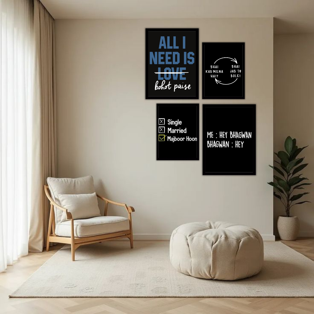 Desi Meme Humour Wall Frame Set – Set of 4 (2 Large 13×17" + 2 Medium 9×11") | Funny Hindi Quotes Bohot Paise Bhai Majboor Hoon Art Prints | Beige, Black & White Frame