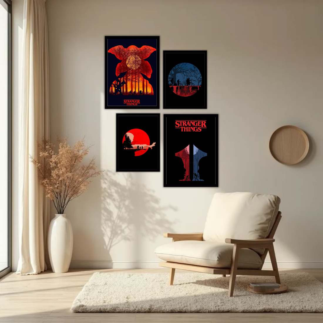 Stranger Things Poster Wall Frame Set – Set of 4 (2 Large 13×17" + 2 Medium 9×11") | Demogorgon Red Moon Hawkins Bike Fan Art Prints | Beige, Black & White Frame