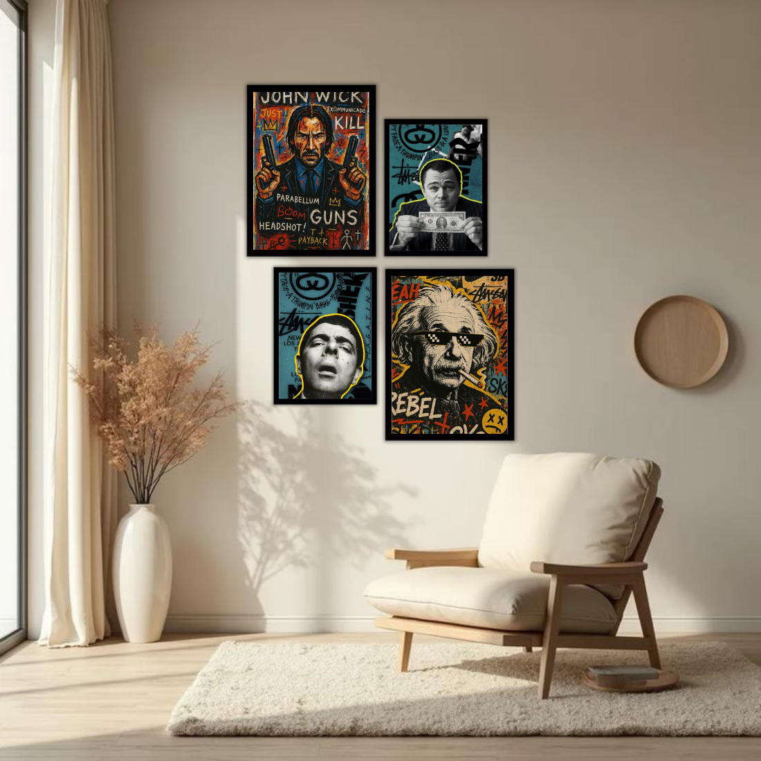 Pop Art Graffiti Icons Wall Frame Set – Set of 4 (2 Large 13×17" + 2 Medium 9×11") | John Wick Einstein DiCaprio Scarface Street Art Prints | Beige, Black & White Frame