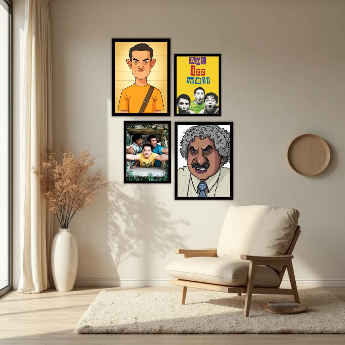 3 Idiots Bollywood Wall Frame Set – Set of 4 (2 Large 13×17" + 2 Medium 9×11") | Aal Izz Well Fan Art Prints for Bedroom, Living Room & Cafe | Beige, Black & White Frame