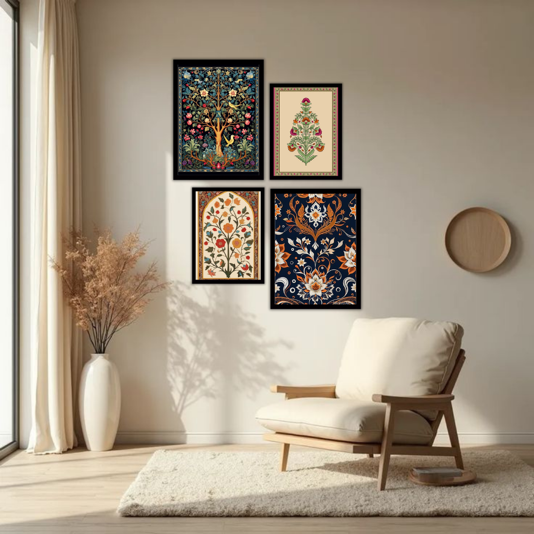 Mughal Wall Frame Set – Set of 4 (2 Large 13×17" + 2 Medium 9×11") | Royal Indian Botanical Art Prints | Beige, Black & White Frame