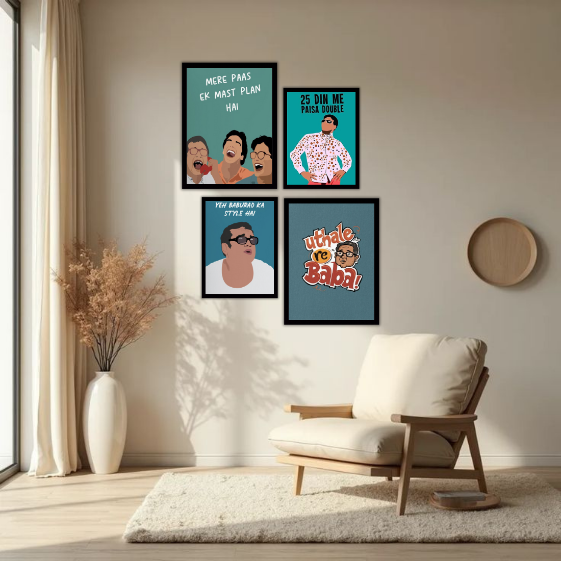 Hera Pheri Bollywood Wall Frame Set – Set of 4 (2 Large 13×17" + 2 Medium 9×11") | Baburao & Raju Meme Fan Art Prints for Bedroom, Living Room & Cafe | Beige, Black & White Frame