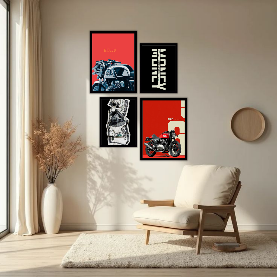 Royal Enfield Hustle Money Wall Frame Set – Set of 4 (2 Large 13×17" + 2 Medium 9×11") | Bike Lover Money Grind Poster Art Prints | Beige, Black & White Frame