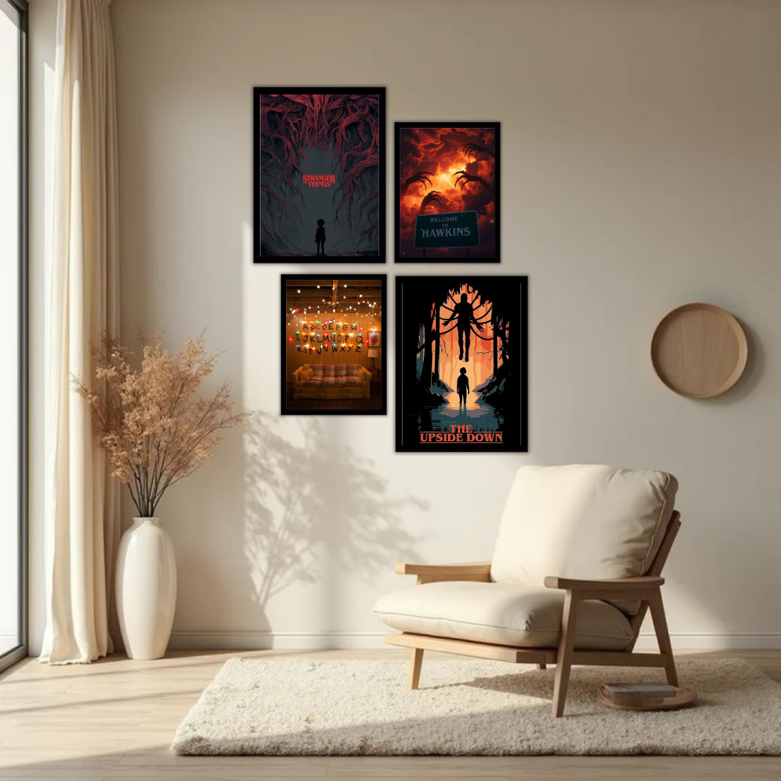 Stranger Things Wall Frame Set – Set of 4 (2 Large 13×17" + 2 Medium 9×11") | Upside Down Hawkins Mind Flayer Fan Art Prints | Beige, Black & White Frame