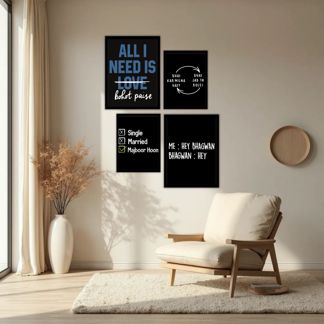 Desi Meme Humour Wall Frame Set – Set of 4 (2 Large 13×17" + 2 Medium 9×11") | Funny Hindi Quotes Bohot Paise Bhai Majboor Hoon Art Prints | Beige, Black & White Frame