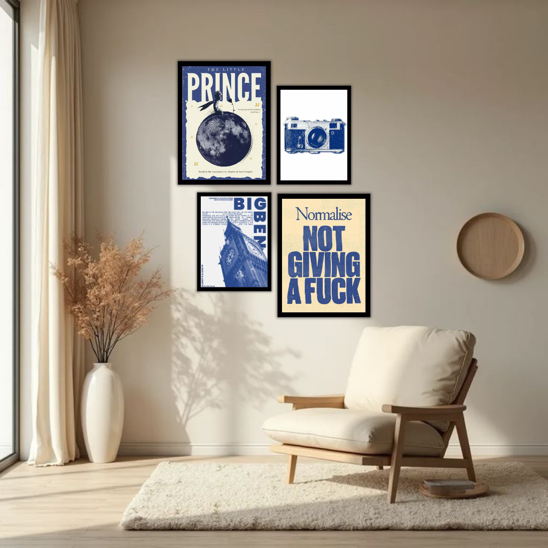 Blue Cream Eclectic Gallery Wall Frame Set – Set of 4 (2 Large 13×17" + 2 Medium 9×11") | Little Prince Big Ben Camera NGAF Art Prints | Beige, Black & White Frame