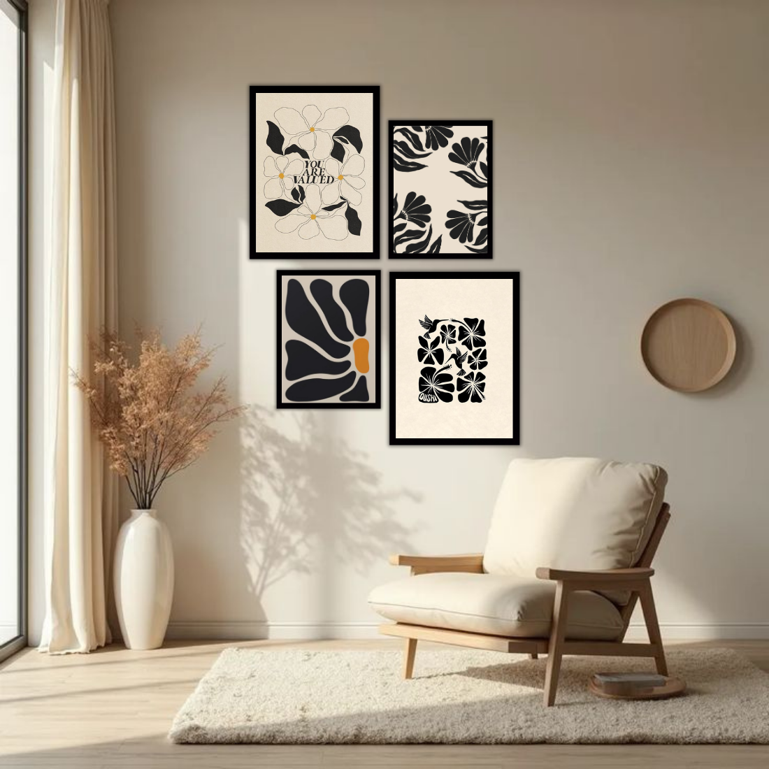 Matisse Black Cream Botanical Wall Frame Set – Set of 4 (2 Large 13×17" + 2 Medium 9×11") | You Are Valued Abstract Floral Art Prints | Beige, Black & White Frame