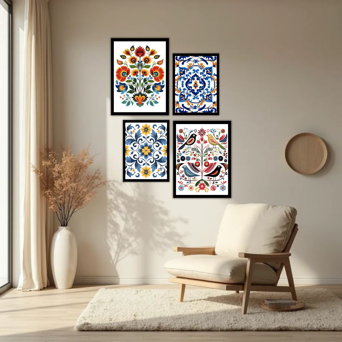Folk Art Floral Tile Wall Frame Set – Set of 4 (2 Large 13×17" + 2 Medium 9×11") | Colourful Ethnic Botanical Prints | Beige, Black & White Frame