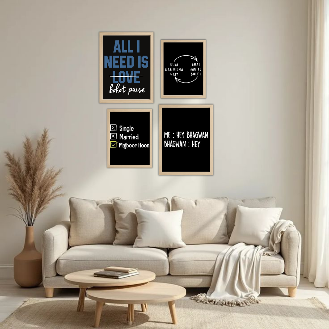 Desi Meme Humour Wall Frame Set – Set of 4 (2 Large 13×17" + 2 Medium 9×11") | Funny Hindi Quotes Bohot Paise Bhai Majboor Hoon Art Prints | Beige, Black & White Frame