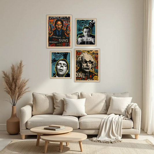 Pop Art Graffiti Icons Wall Frame Set – Set of 4 (2 Large 13×17" + 2 Medium 9×11") | John Wick Einstein DiCaprio Scarface Street Art Prints | Beige, Black & White Frame