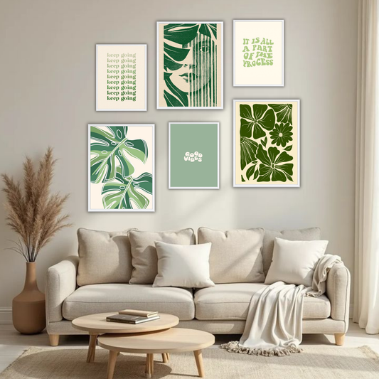 Dark Green Botanical Wall Frame Set – Set of 6 (3 Large 13×17" + 3 Small 9×11") | Keep Going & Good Vibes Nature Art Prints for Bedroom & Living Room