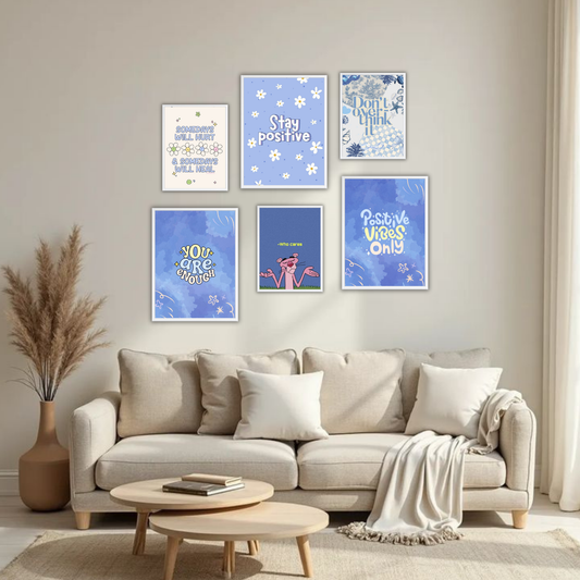 Pastel Blue Positive Vibes Wall Frame Set – Set of 6 (3 Large 13×17" + 3 Small 9×11") | Stay Positive & Self-Love Aesthetic Art Prints for Bedroom & Living Room