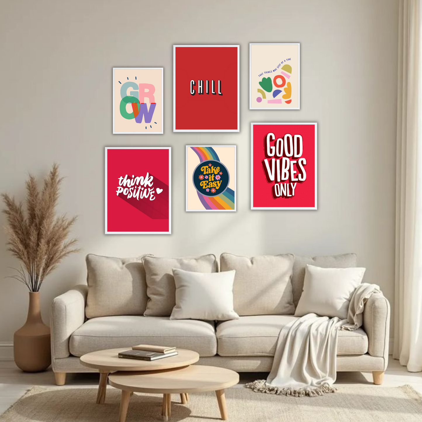 Good Vibes Only Wall Frame Set – Set of 6 (3 Large 13×17" + 3 Small 9×11") | Positive & Chill Aesthetic Art Prints for Bedroom & Living Room