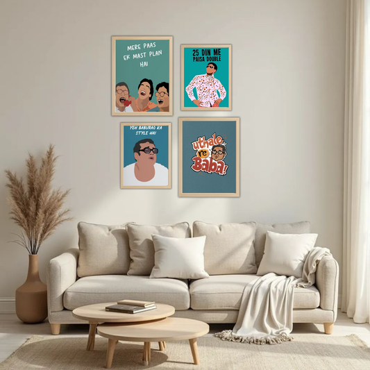 Hera Pheri Bollywood Wall Frame Set – Set of 4 (2 Large 13×17" + 2 Medium 9×11") | Baburao & Raju Meme Fan Art Prints for Bedroom, Living Room & Cafe | Beige, Black & White Frame