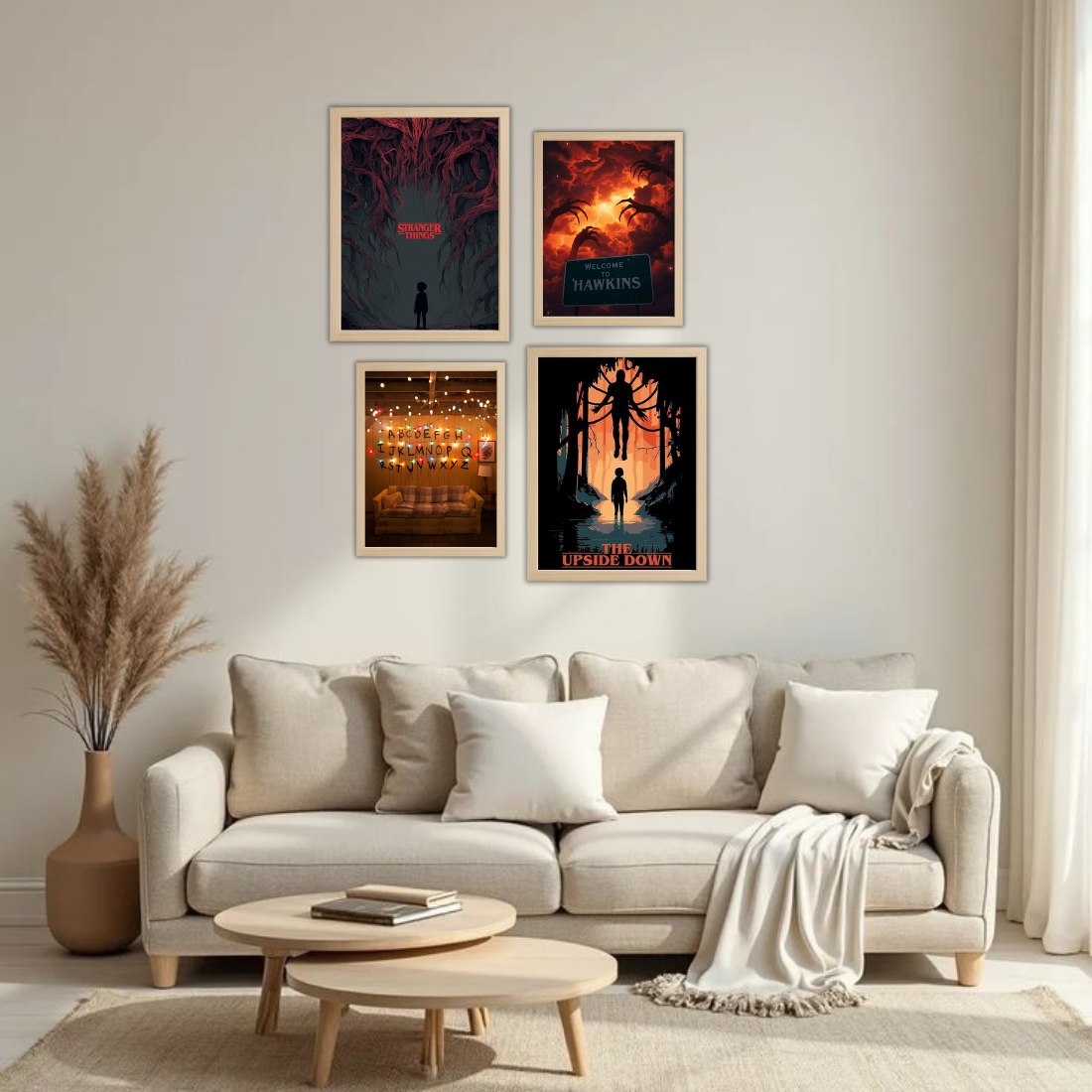 Stranger Things Wall Frame Set – Set of 4 (2 Large 13×17" + 2 Medium 9×11") | Upside Down Hawkins Mind Flayer Fan Art Prints | Beige, Black & White Frame