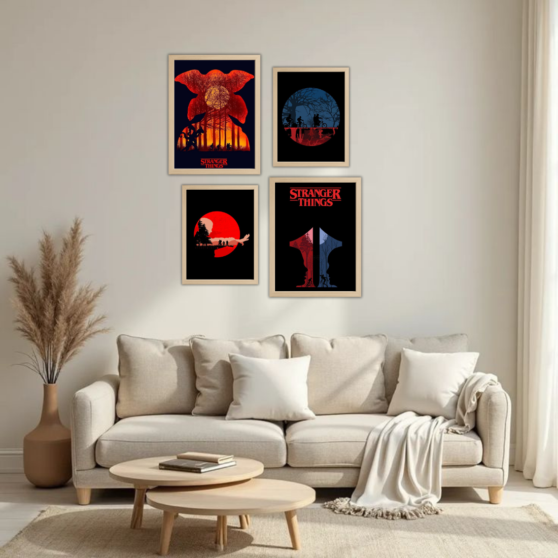 Stranger Things Poster Wall Frame Set – Set of 4 (2 Large 13×17" + 2 Medium 9×11") | Demogorgon Red Moon Hawkins Bike Fan Art Prints | Beige, Black & White Frame