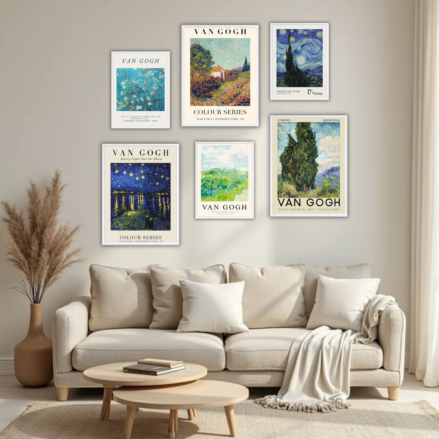 Van Gogh Masterpiece Wall Frame Set – Set of 6 (3 Large 13×17" + 3 Small 9×11") | Classic Fine Art Exhibition Prints for Bedroom, Living Room & Office