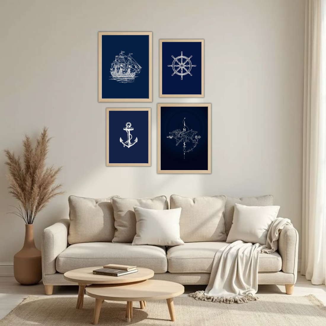 Nautical Navy Line Art Wall Frame Set – Set of 4 (2 Large 13×17" + 2 Medium 9×11") | Sailing Ship Anchor Compass Ship Wheel Art Prints | Beige, Black & White Frame
