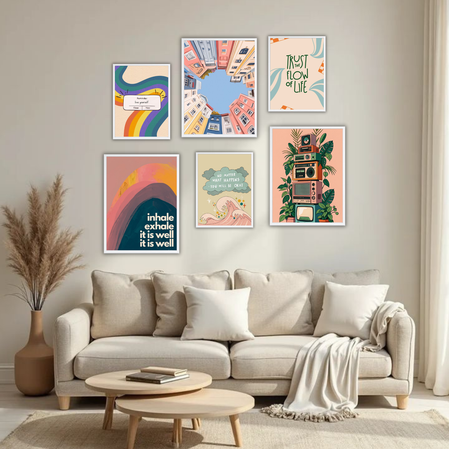 Retro Rainbow Boho Wall Frame Set – Set of 6 (3 Large 13×17" + 3 Small 9×11") | Colourful Aesthetic & Mindfulness Art Prints for Bedroom & Living Room